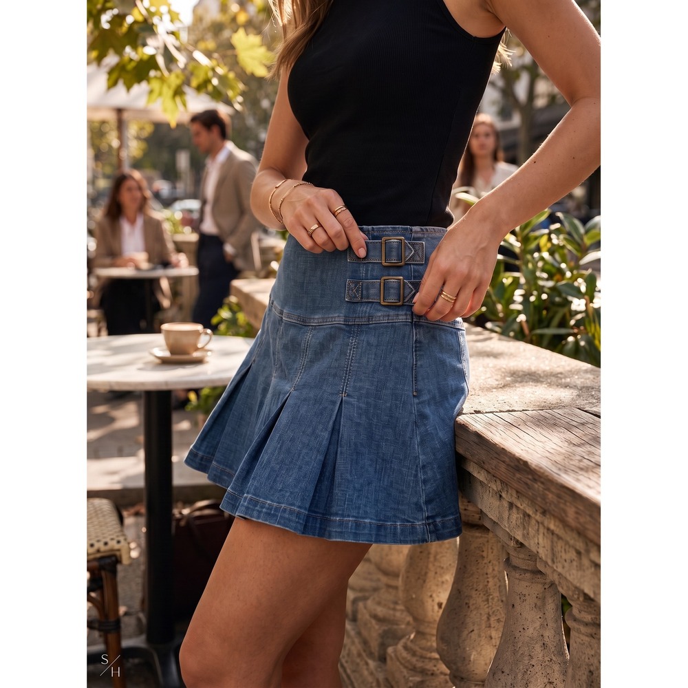 Wild Fable Denim Pleated Mini Skort Medium Wash Double Buckle Y2K Style Size 16